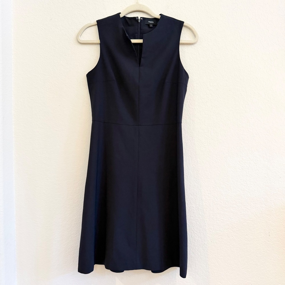 Theory Miyani Classic Suit Dress Black Wool Blend Sleeveless Split Neck 2